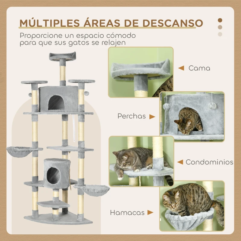 PawHut Árbol Rascador para Gatos 200 cm Torre para Gatos con 2 Cuevas 2 Hamacas Cama Postes de Sisal 60x60x200 cm Gris