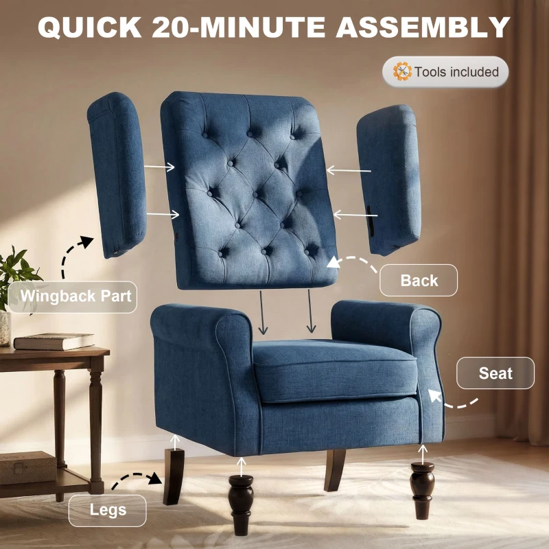 HOMCOM Wingback Accent Chair, Retro Upholstered Button Tufted Occasional Chair for Living Room and Bedroom, Blue