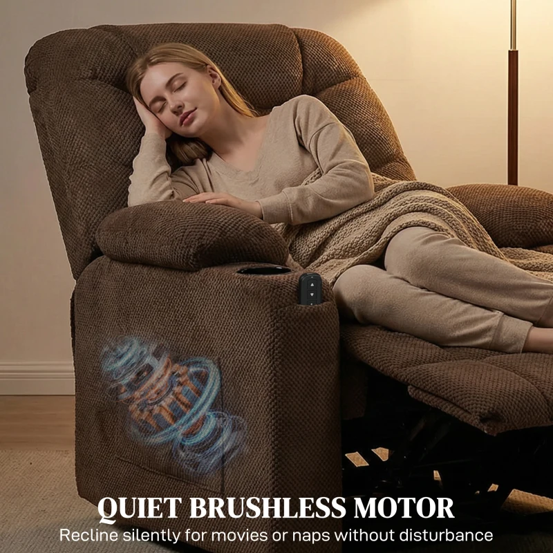 HOMCOM Electric Massage Recliner Armchair with Vibration, Heat, Whisper-Quiet Motor, Memory Function, Fleece Power Reclining Chair with Spring Pack, USB Port, Footrest, Side Pocket, Cup Holders, Brown
