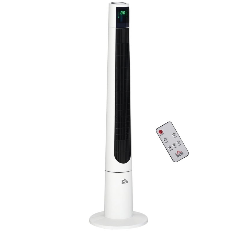 HOMCOM Ventilador de Torre Silencioso 50W con Control Remoto 3 Velocidades 3 Modos Temporizador 12H Oscilación 40° Blanco