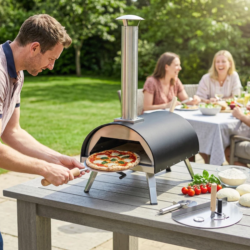 Outsunny Outdoor Pizza Oven Foldable Legs Pellet Wood Fired Pizza Maker w/ 12" Rotating Stone and Peel
