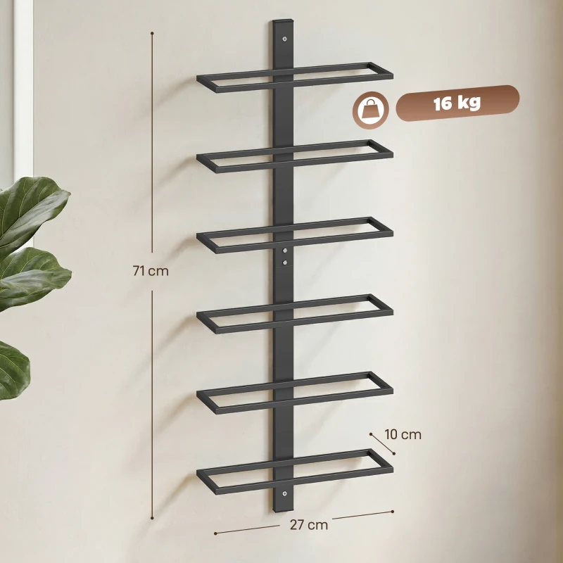 HOMCOM Wall Mounted Wine Rack, 6 Tier Metal Wine Display Rack, Storage Holder for Kitchen, Black