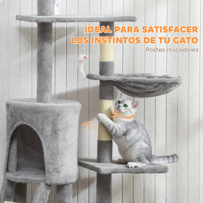 PawHut Árbol Rascador para Gatos Altura 134 cm con 6 Postes 3 Plataformas Cueva Hamaca Escalera 4 Juguetes Colgantes Gris