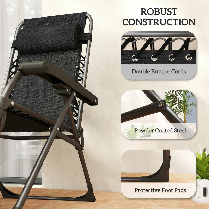 Outsunny Zero Gravity Chairs Set of 2, Folding Sunloungers Reclining Garden Chairs with Cup Holder, Headrest, Black