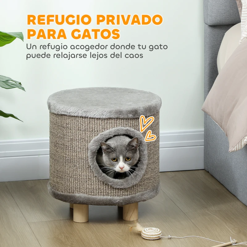 PawHut Casa para Gatos 3 en 1 Taburete Reposapiés Cama para Gatos con Rascador Patas de Madera Pluma 36x36x38 cm Gris