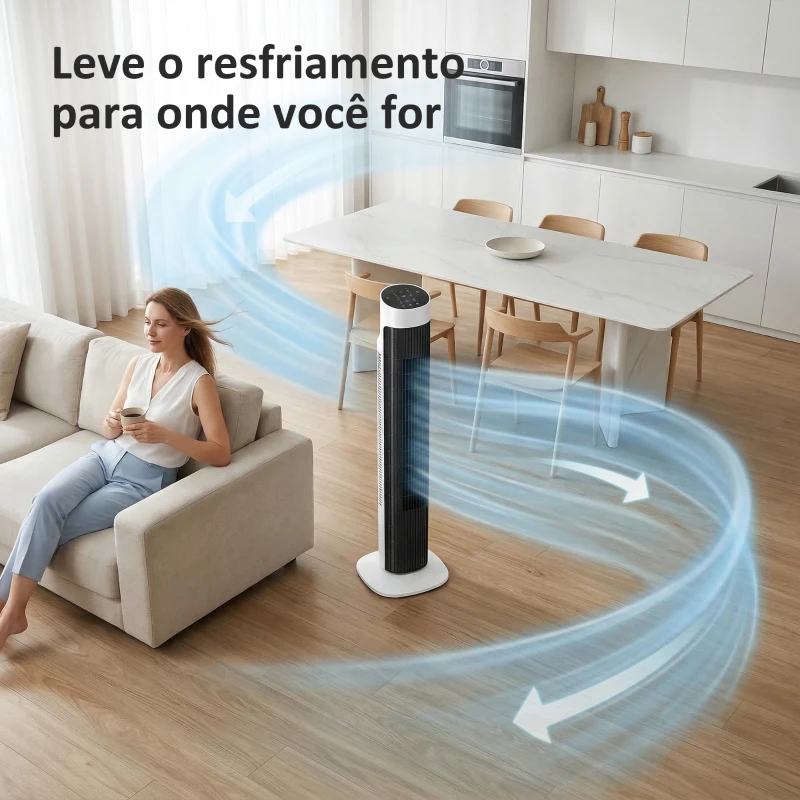 HOMCOM Ventoinha de Torre Ventoinha de Pé Silencioso com Controlo Remoto 3 Velocidades 3 Modos Temporizador 7,5H Oscilação 70° 25x25x80 cm Branco e Preto