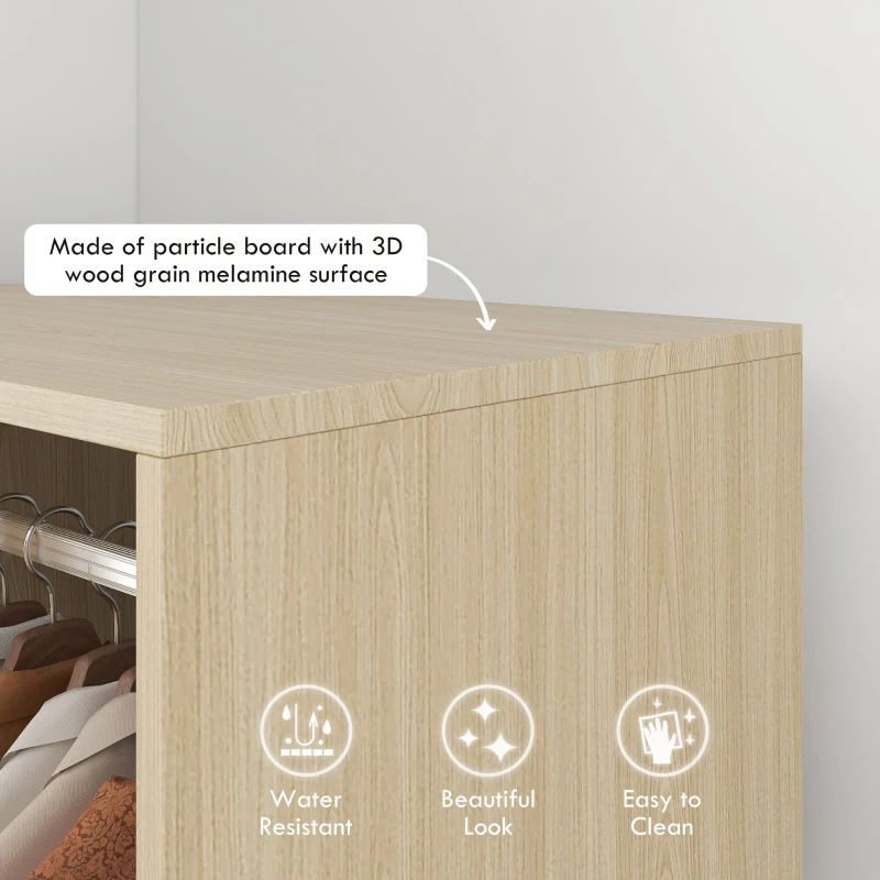 HOMCOM Open Wardrobe on Wheels, Bedroom Wardrobe with Clothes Hanging Rail, 2 Storage Shelves, Mobile Garment Rack for Cloakroom, Hallway, Natural