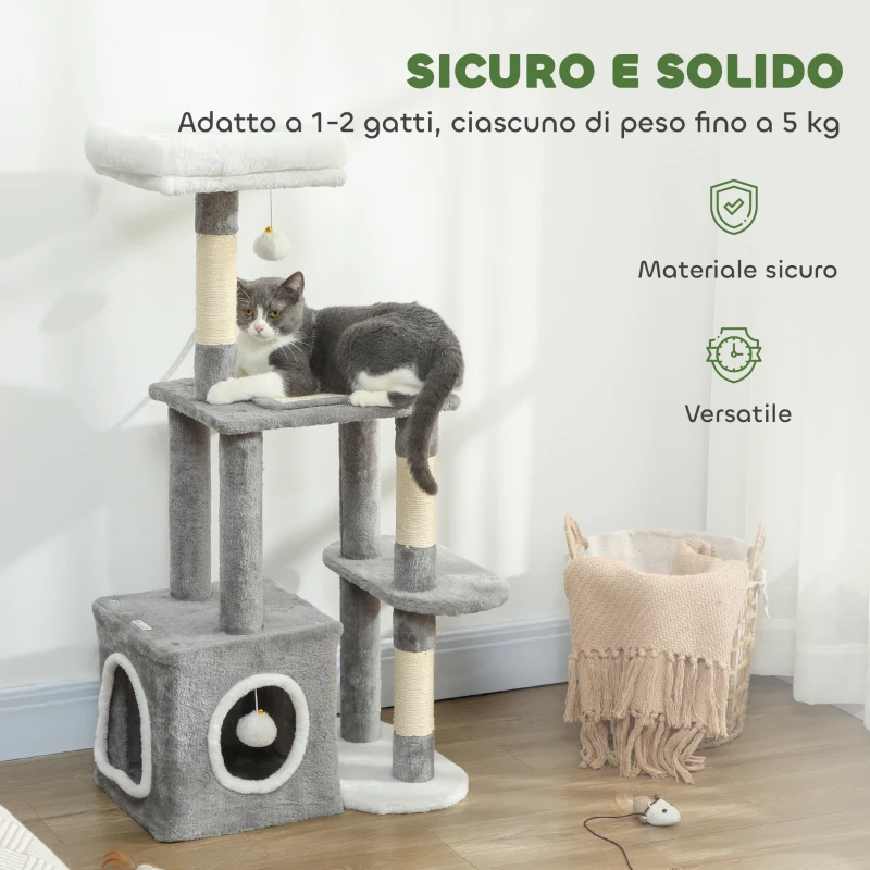 PawHut Albero Tiragraffi per Gatti con Casetta, Lettino e 2 Palline, in Legno e Peluche, 55x40x107 cm, Grigio e Bianco