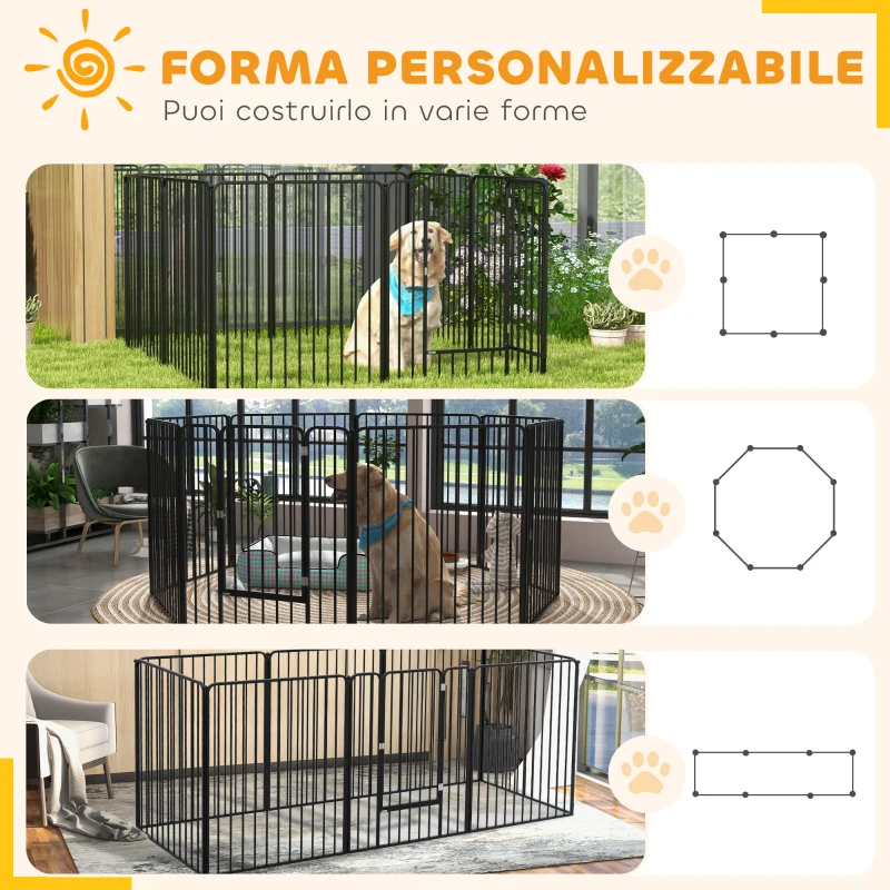 PawHut Box per Cani a 8 Pannelli Modulabili da Interno ed Esterno con 9 Picchetti, in Acciaio, 164x164x100 cm, Nero