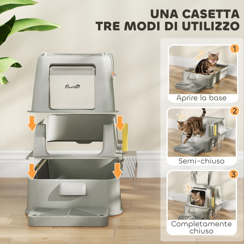 PawHut Lettiera per Gatti Chiusa da 80L con Vassoio Estraibile, in ABS e Acciaio Inox, 63x43x43 cm, Grigio Chiaro