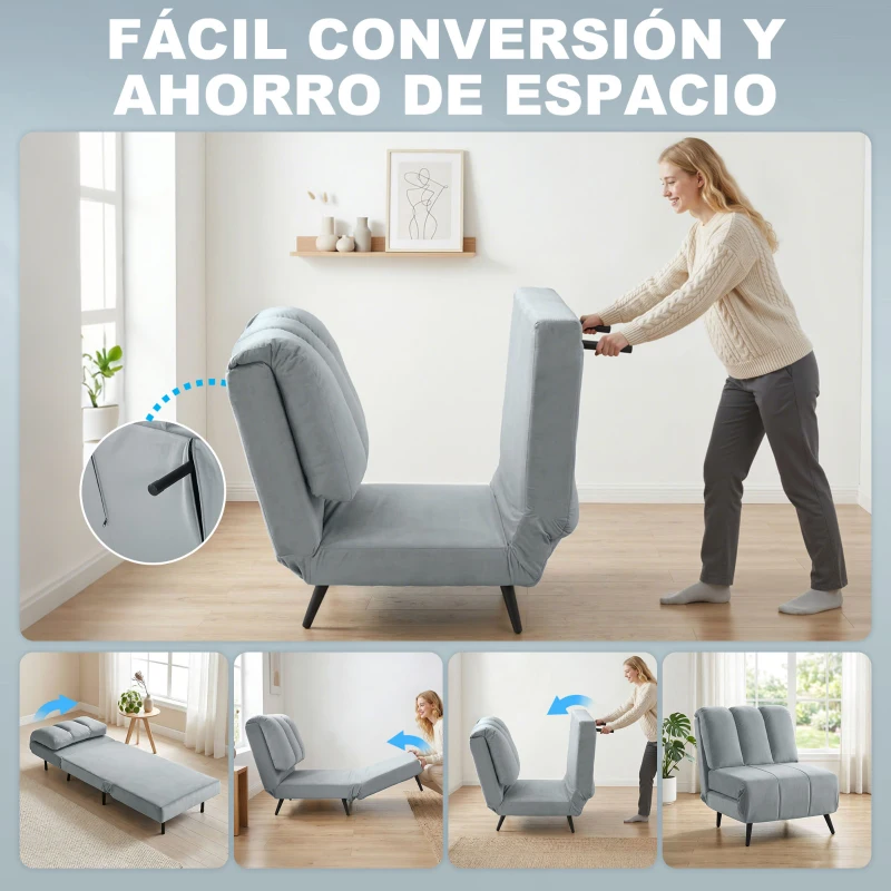 HOMCOM Sillón Cama Individual 3 en 1 Sofá Cama Plegable con Respaldo Ajustable y Cojín Grueso para Salón 72x88x87 cm Gris