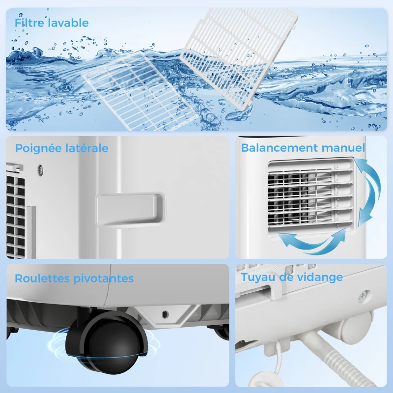 HOMCOM Mobiles Klimagerät 9000 BTU (ca. 2,6 kW) 5‑in‑1 Kühlen, Entfeuchten, Ventilator, Auto, Nachtmodus, 2 Stufen