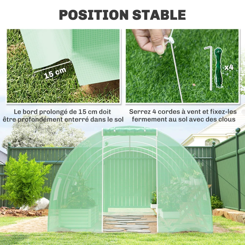 Outsunny Serre de Jardin Tunnel 18 m² dim. 6L x 3l x 2H m - 8 fenêtres, Porte zippée Enroulable - châssis Tubulaire Acier galvanisé, bâche PE Haute densité Vert