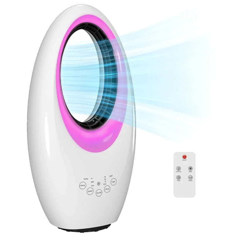 HOMCOM Ventilador de torre sin aspas, ventilador silencioso 36dB con oscilación de 60°, iluminación LED, 3 velocidades, temporizador de 7,5 horas, mando a distancia