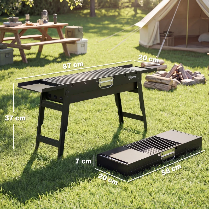 Outsunny Portable BBQ Grill, Foldable Charcoal Grill for Camping and Picnics with 2 Side Shelves and Handle, Black