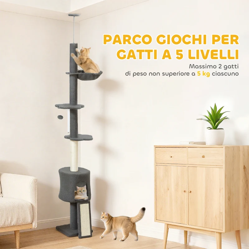 PawHut Albero per Gatti a Soffitto Alto 220-240 cm con Amaca, Casetta, Piattaforme a Fiore e Pali in Sisal, Grigio