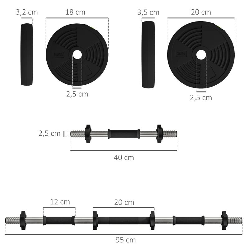 SPORTNOW Kit de Halteres 15 kg 2 em 1 com Barra de Pesos Pega Antiderrapante para Treino de Força Preto Verde