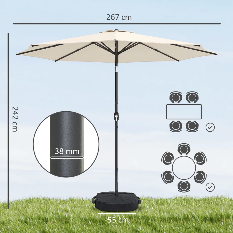 Outsunny 2.7 m Garden Parasol Umbrella with Cross Base and Sandbag, Retractable Ribs, Outdoor Table Market Umbrella, Cream White