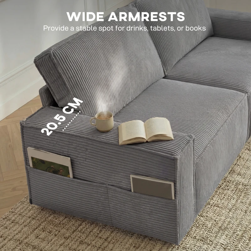 HOMCOM 218 cm 3-osobowa sofa, nowoczesna sofa w stylu sztruksowym z sprężynami kieszeniowymi, szerokimi podłokietnikami i 2 poduszkami, jasnoszara