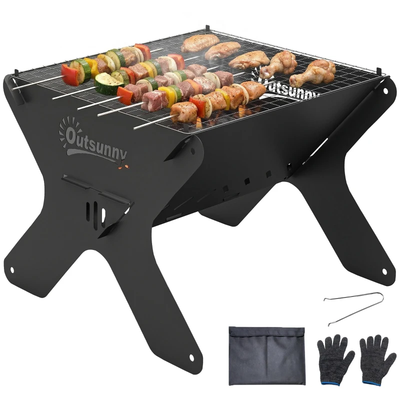 Outsunny 2-In-1 Portable BBQ Grill and Camping Fire Pit, Tabletop Charcoal Barbecue Grill with Gripper, Gloves and Carry Bag