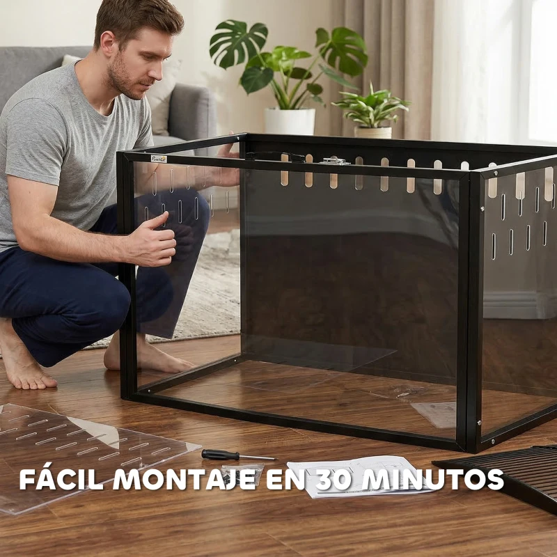 PawHut Jaula para Hámster Grande 105x51x53 cm con Tapa Ventilada Abatible, Marco de Acero, Paneles Transparentes Negro