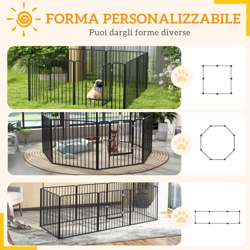 PawHut Box per Cani a 8 Pannelli Modulabili da Interno ed Esterno con 9 Picchetti, in Acciaio, 164x164x80 cm, Nero