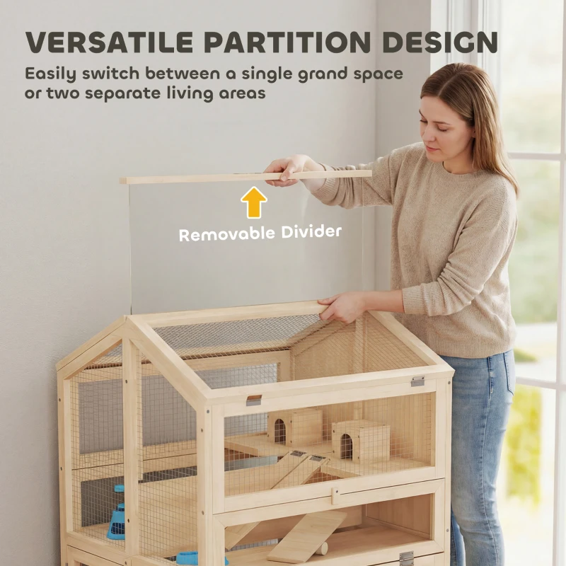 PawHut Klatka dla chomików z drewna, 3 poziomy, domek, huśtawki, rampy, poidła, 68 x 61,5 x 90 cm, drewno naturalne