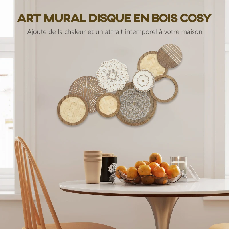 HOMCOM Décoration murale en bois, sculpture murale en bois, design unique à plusieurs disques, 83,8 x 44,5 cm, bois naturel