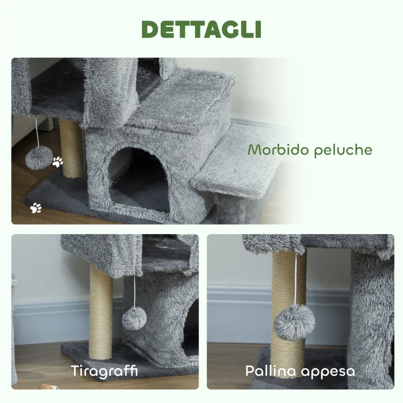 PawHut Scaletta per Gatti a 4 Gradini Regolabile in Altezza con 2 Casette, Palo Tiragraffi e Pallina, Grigio