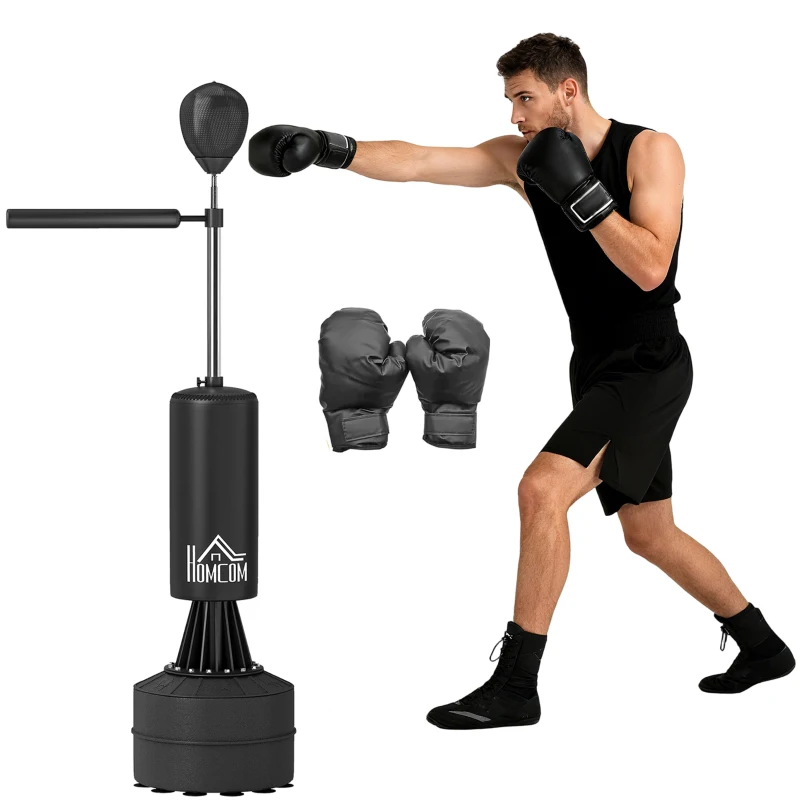 HOMCOM 155-205cm 3-IN-1 Freestanding Boxing Punching Bag Stand, Boxing Speed Trainer with Rotating Flexible Arm, Speed Ball, Fillable Base, Black