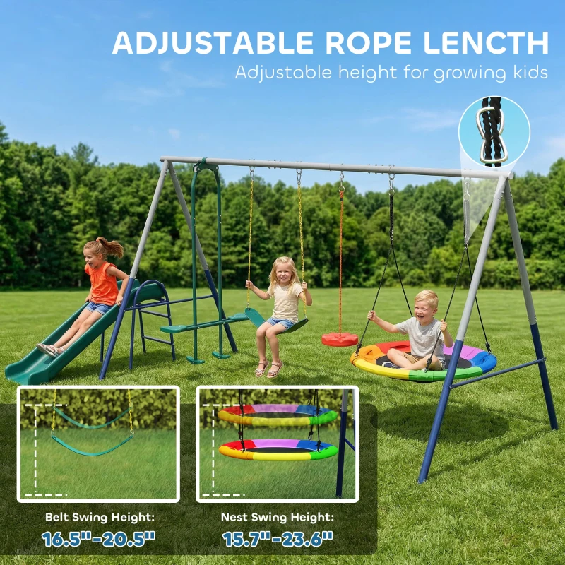 AIYAPLAY 5-w-1 zestaw huśtawek z regulowaną zjeżdżalnią i huśtawką w kształcie gniazda, 382x196x203 cm, wielokolorowy