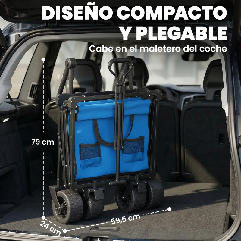 Outsunny Carro de Jardín Plegable con Ruedas Grandes Bloqueables Barra Ajustable Portavasos para Campaña 125x59x133 cm Azul