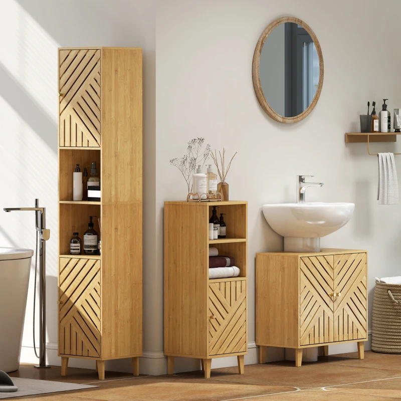 HOMCOM Armoire salle de bain, meuble de rangement colonne, portes en bambou, étagères réglables, 32x30x170cm, bois naturel