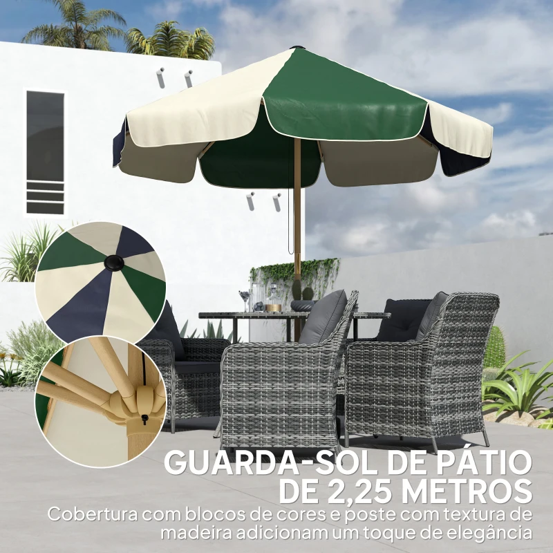 Outsunny Chapéu de Sol para Terraço Exterior Ø2,3 m com Estrutura de Efeito Madeira Polia com Corda Toldo Bicolor UPF30+ Multicor