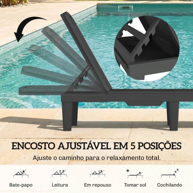Outsunny Conjunto de 2 Espreguiçadeiras Reclináveis em Plástico PP com Bandeja Lateral e Encosto Ajustável 5 Níveis 192x57x28,5 cm Preto