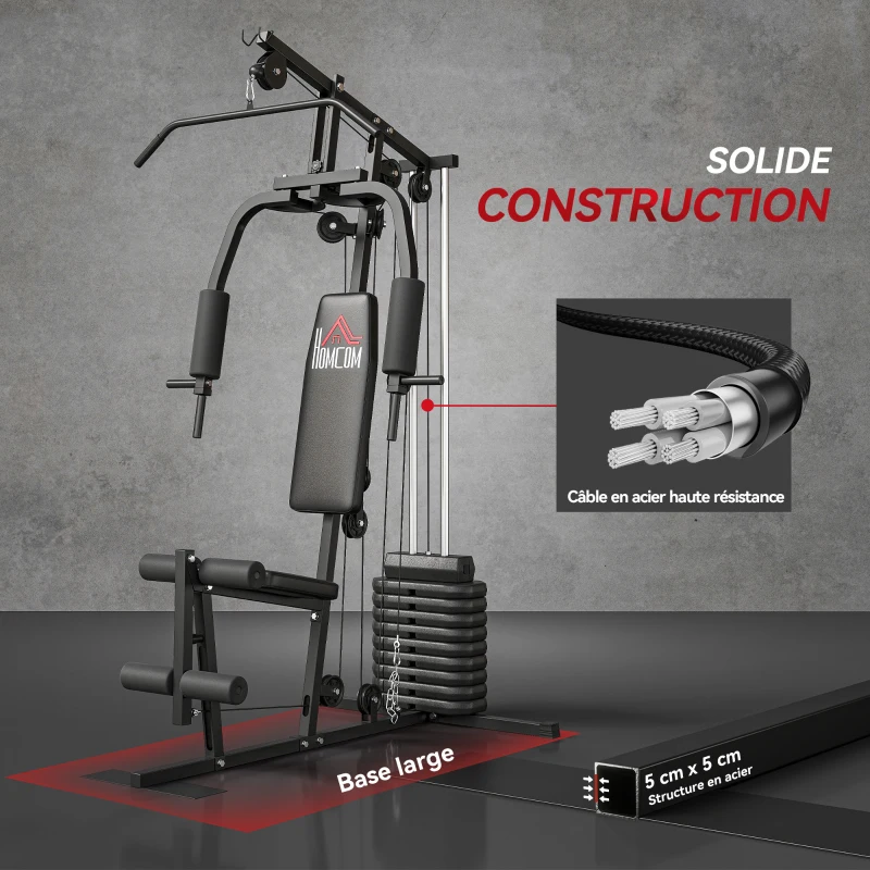 HOMCOM Station de musculation fitness avec 9 blocs de poids de 5 kg, 45kg au total, entraînement complet - 200 x 135 x 103 cm