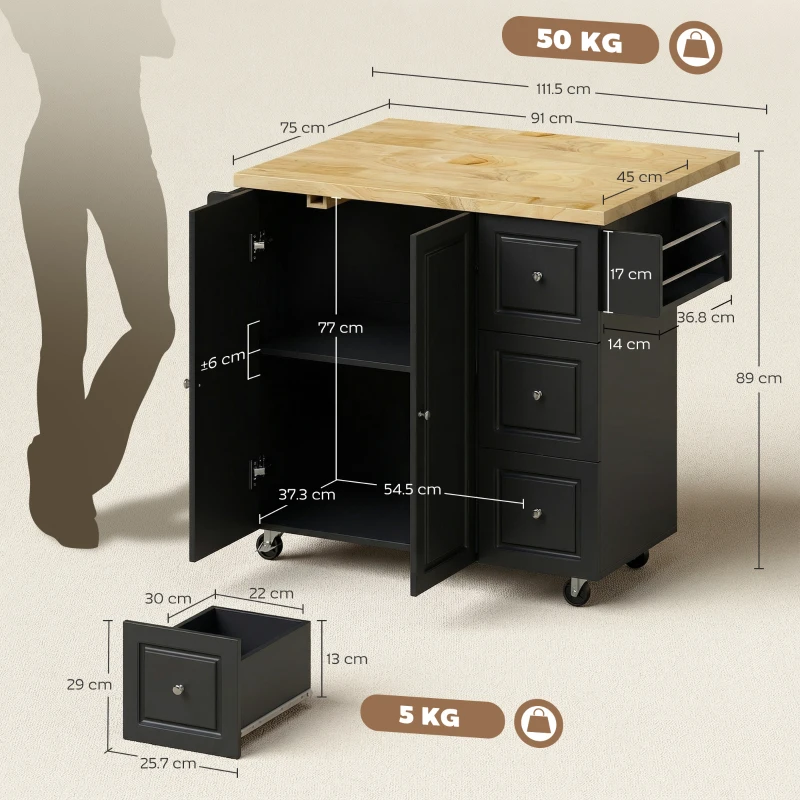 HOMCOM Kitchen Island on Wheels, Rolling Kitchen Storage Trolley with Drop Leaf, Drawers, Towel and Spice Rack, Black