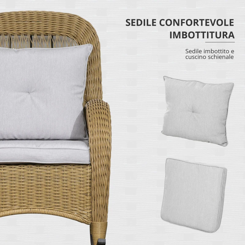 Outsunny Sedia a Dondolo in Stile Boho, Rattan PE, Sedia a Dondolo in Rattan, Coperture per Cuscini Lavabili, Naturale + Grigio Chiaro