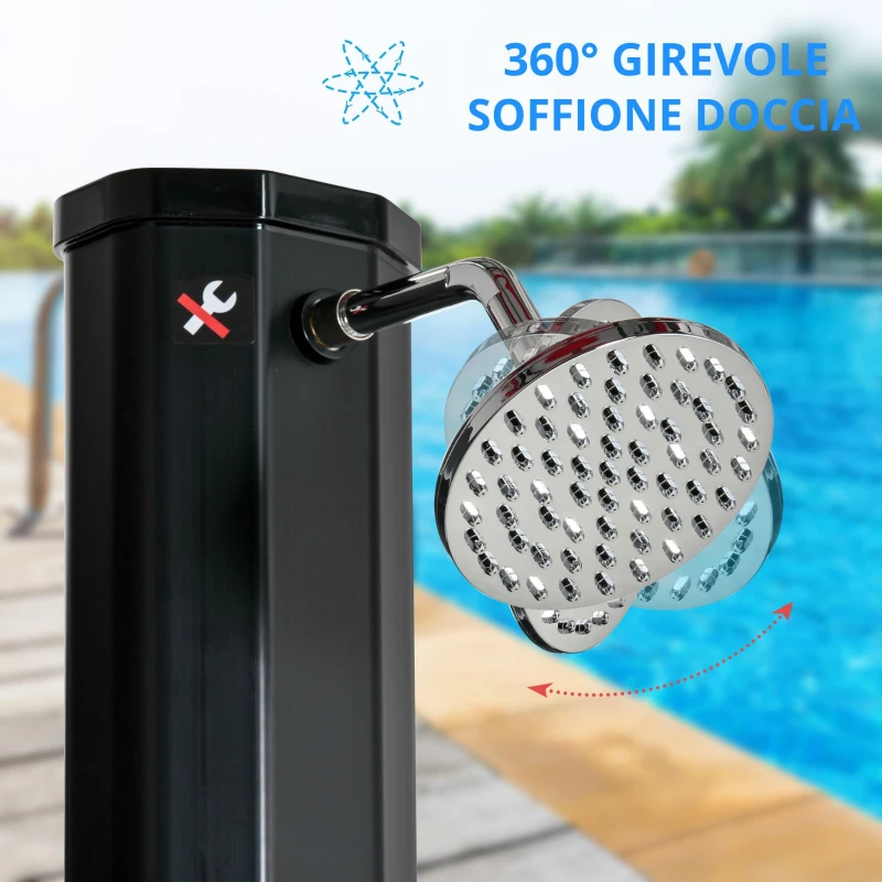 Outsunny Doccia Solare Esterna 35L, Doccia da Giardino, Spiaggia, Piscina, con Doccetta e Rubinetto, Termometro Integrato, Acqua Fredda e Calda, Max. 55°C, PVC ABS, 17,5l x 14,5l x 216H cm, Nero