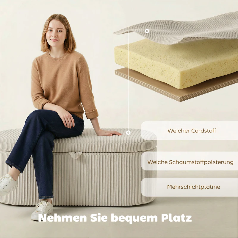 HOMCOM Aufbewahrungs-Ottomane, Cord-Polsterung mit gepolsterter Sitzfläche, Sitzbank am Bettende, 105 x 51 x 49 cm, Beige