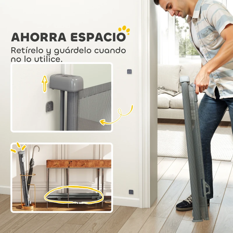 PawHut Barrera de Seguridad para Perros Retráctil Extensible hasta 180 cm de Ancho para Escaleras y Puertas Gris