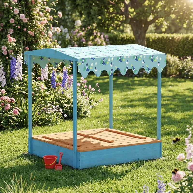 AIYAPLAY Caixa de Areia para Crianças 3-6 Anos com Cobertura Dinossauros, Assentos Dobráveis, Tampa e Forro Incluídos, Caixa de Areia em Abeto, 134.5x127.5x130 cm, Azul