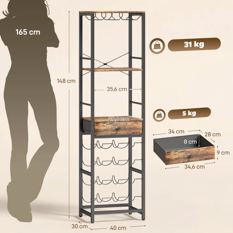 HOMCOM Mueble de Bar para Vinos con Soporte de Copas y Cajón Botellero para 12 Botellas con Estante Abierto Marrón Rústico