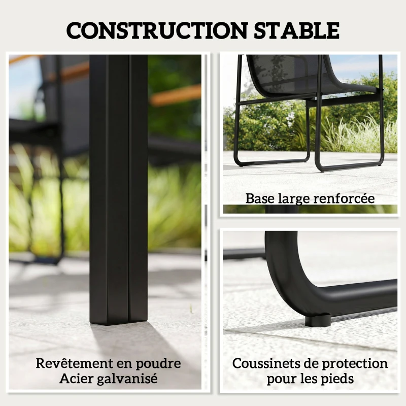 Outsunny Ensemble de Salle à Manger d'Extérieur 7 Pièces pour 6 Personnes, Table en Verre et Chaises avec Accoudoirs Décoratifs, Maille Résistante aux Intempéries, Noir