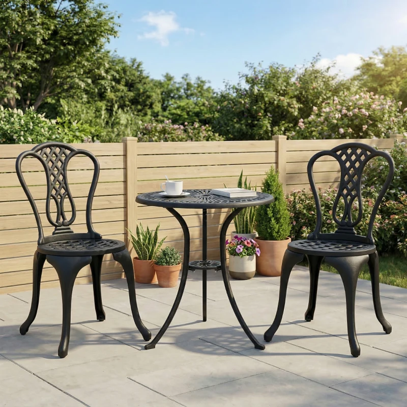 Outsunny 3 Piece Patio Bistro Set, Cast Aluminium Garden Outdoor Furniture Table and Chairs, Shabby Chic Style