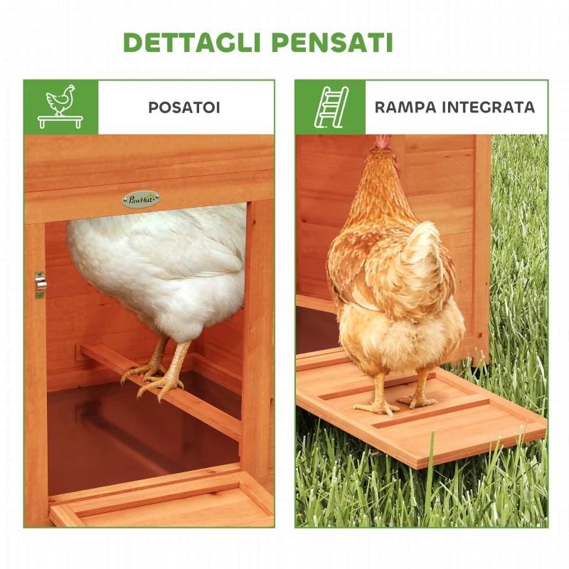 PawHut Pollaio in Legno con Nido, Tetto Impermeabile, Vassoio Estraibile, 2 Trespoli, Rampa, Finestra, per 2 Galline, Anatre,Arancione