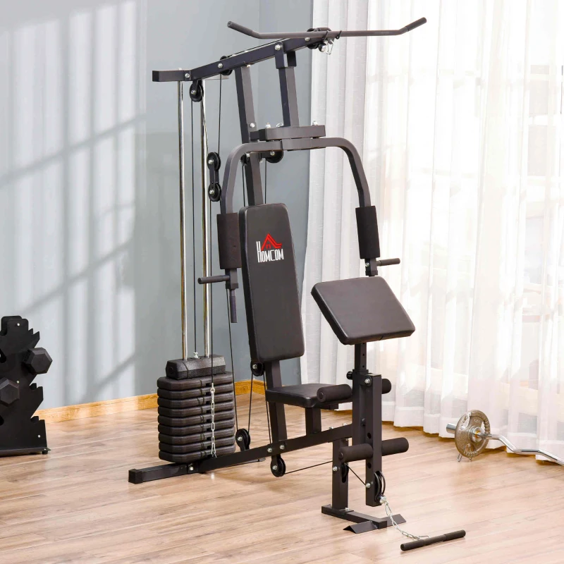 HOMCOM Station de musculation multi-exercices station de fitness en acier avec contrepoids de 45 kg idéal pour maison bureau et gymnase 148 x 108 x 207 cm noir