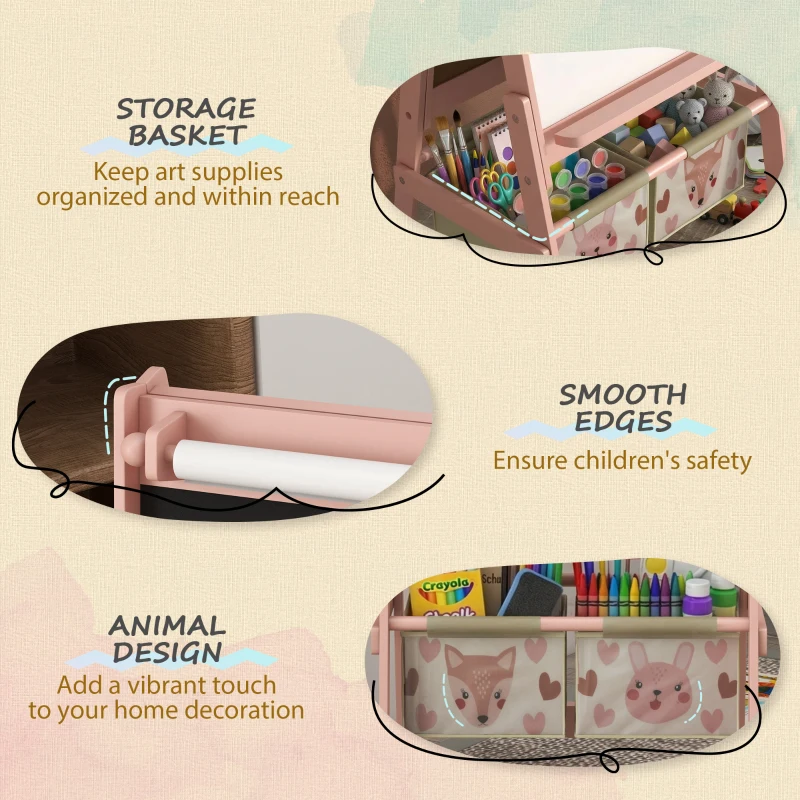 AIYAPLAY Three-In-One Kids Easel with Paper Roll, Art Easel, with Storage - Pink