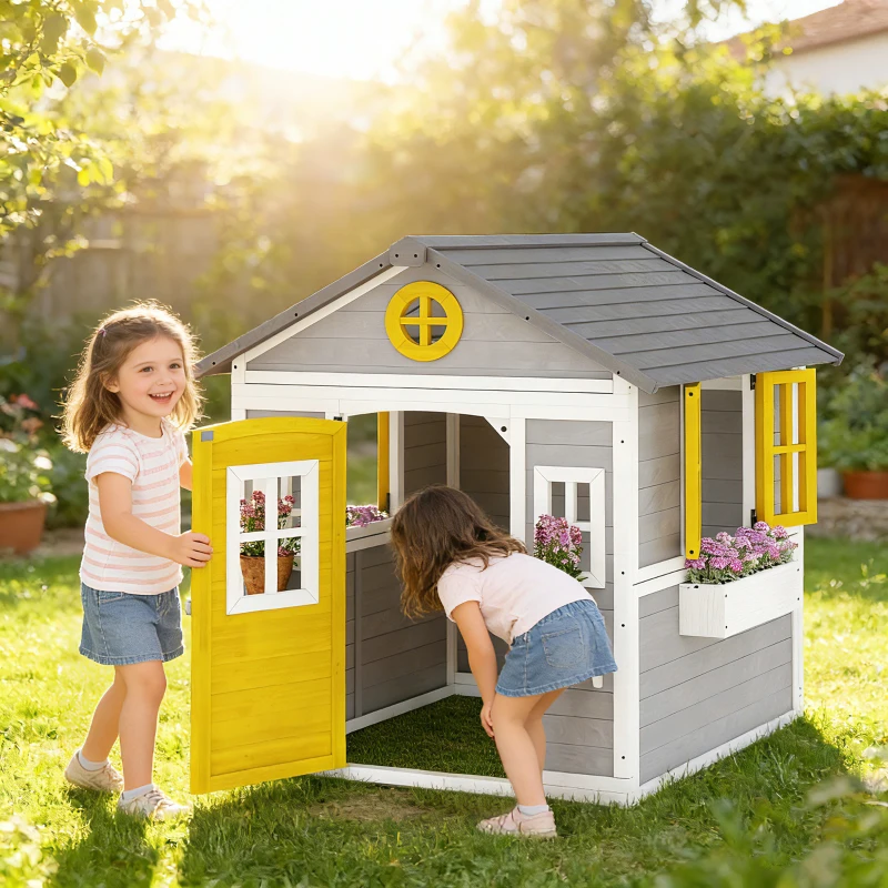 Outsunny Casita Infantil Exterior e Interior de Madera con Puerta Ventanas Jardineras y Soportes de Flores Gris