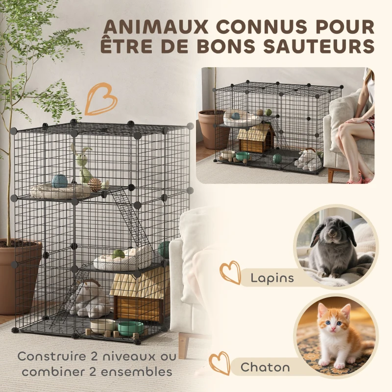 PawHut Enclos pour petits animaux, cage à lapin modulable 3 niveaux, 39 panneaux avec  rampes, en métal, 70 x 70 x 105 cm, noir